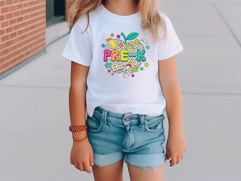 a little girl wearing a white shirt and shorts