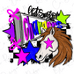 A colorful and stylized illustration featuring a stylized horse head surrounded by various shapes, including stars and text.