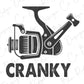 a fishing reel and a fishing pole with the words cranky on it