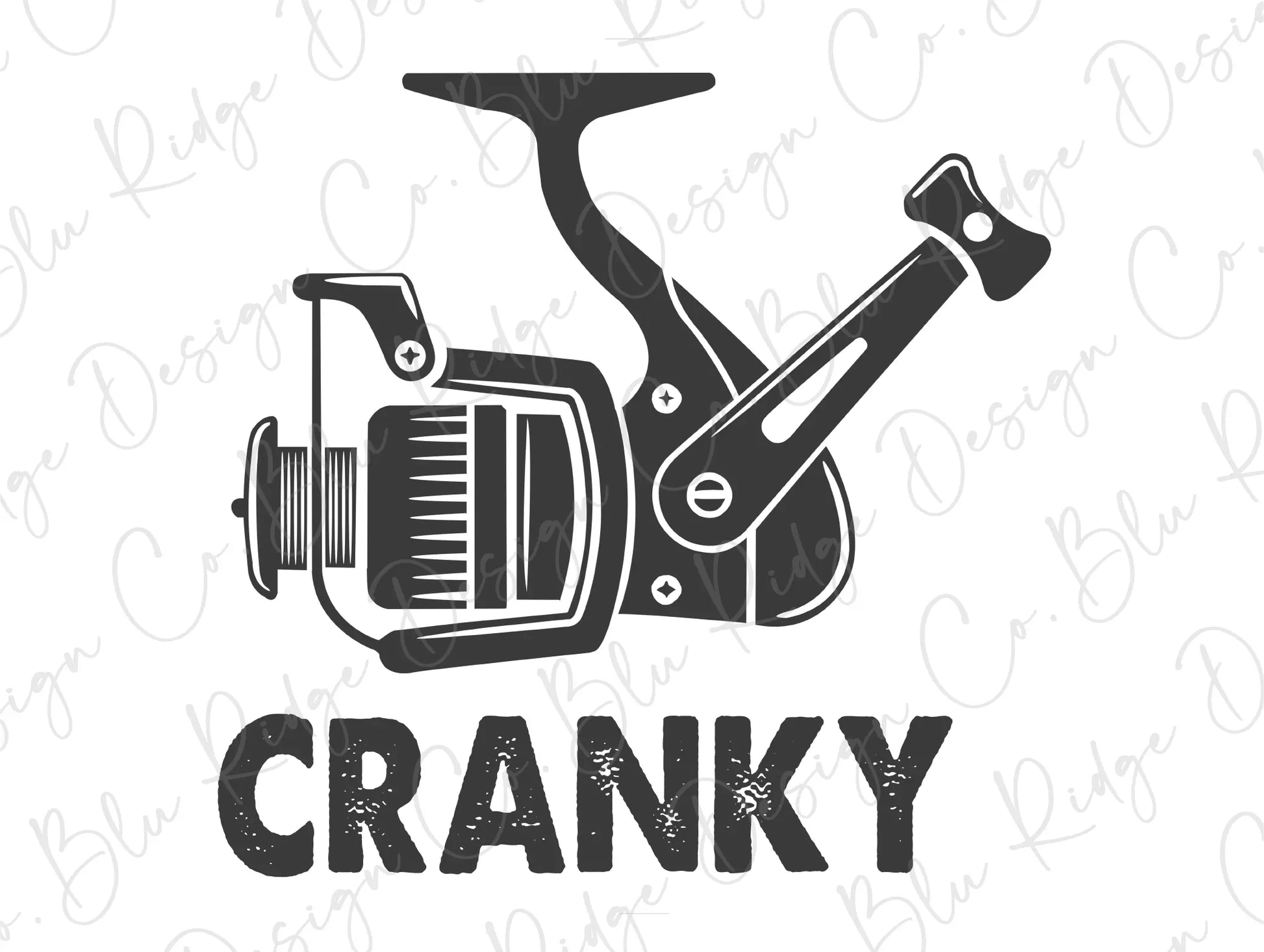 a fishing reel and a fishing pole with the words cranky on it