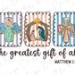 The image is a collage of three distinct illustrations, each representing a different religious symbol or figure. The text below the collage reads "the greatest gift of all" and includes a Bible verse reference, "MATTHEW 1:21".
