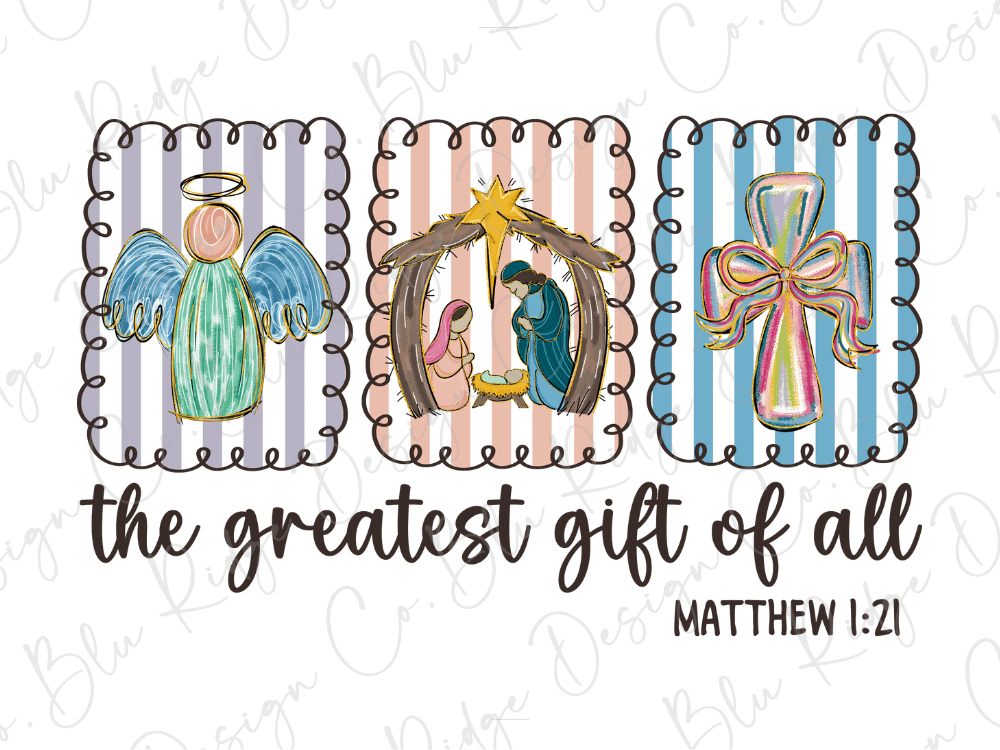 The image is a collage of three distinct illustrations, each representing a different religious symbol or figure. The text below the collage reads "the greatest gift of all" and includes a Bible verse reference, "MATTHEW 1:21".