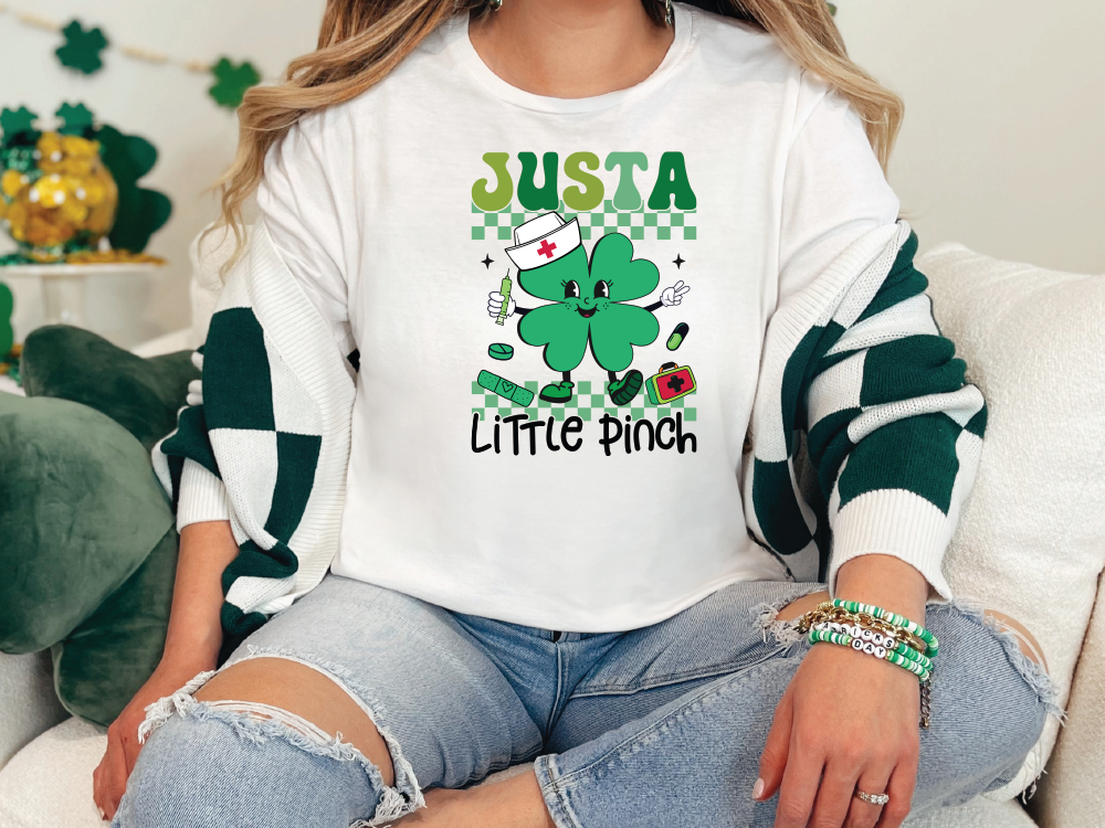 a woman sitting on a couch wearing a st patrick's day shirt