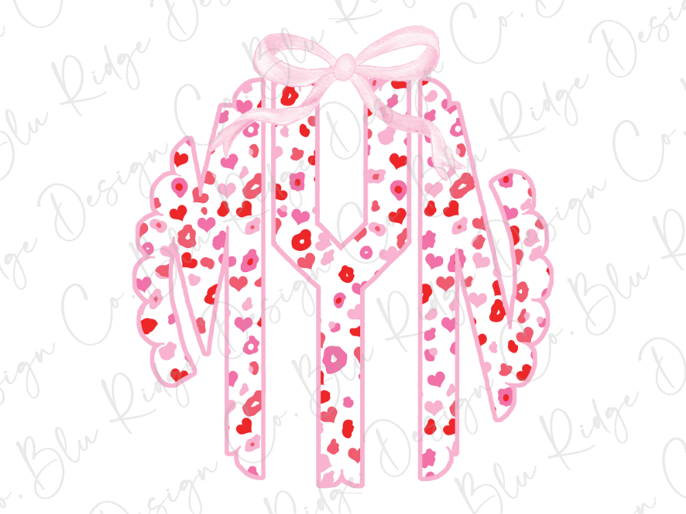 a monogram with a pink ribbon and hearts, creating a visually appealing and playful design.