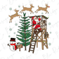 Santa Claus sitting in a wooden lookout tower, surrounded by reindeer, a snowman, and a Christmas tree decorated with lights.