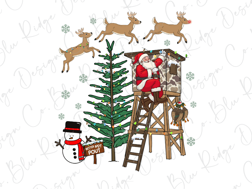 Santa Claus sitting in a wooden lookout tower, surrounded by reindeer, a snowman, and a Christmas tree decorated with lights.