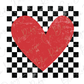 a red heart on a black and white checkered background