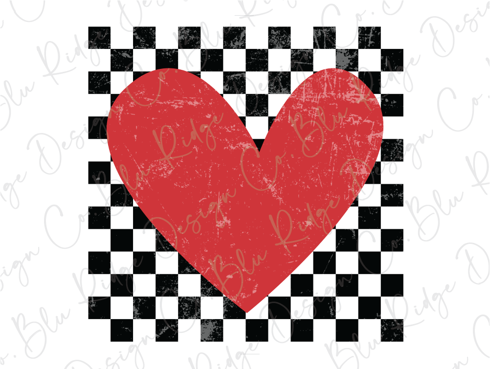 a red heart on a black and white checkered background