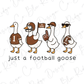 A group of four cartoon ducks, each dressed in a different football-themed outfit, standing together and holding various football-related items such as a football, a cheerleader, and a football helmet.