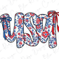 a red, white and blue flowered monogrammed word