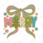 a colorful, hand-crafted Christmas-themed design with the word "Merry" prominently displayed. The design includes a large, decorative bow made of yarn, a green Christmas tree, and various other colorful elements that create a festive and cheerful atmosphere.
