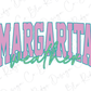 the word "MARGARITA" in a stylized font, with the word "weather" written below it in a smaller font size.