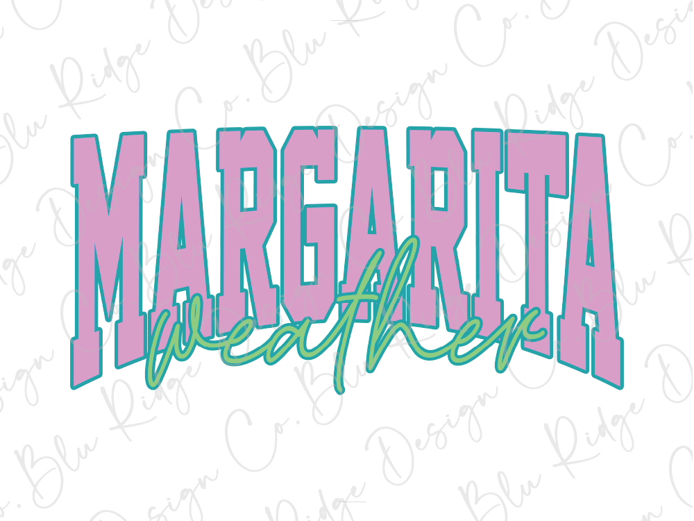 the word "MARGARITA" in a stylized font, with the word "weather" written below it in a smaller font size.