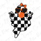 a black and white checkered pattern with a clown