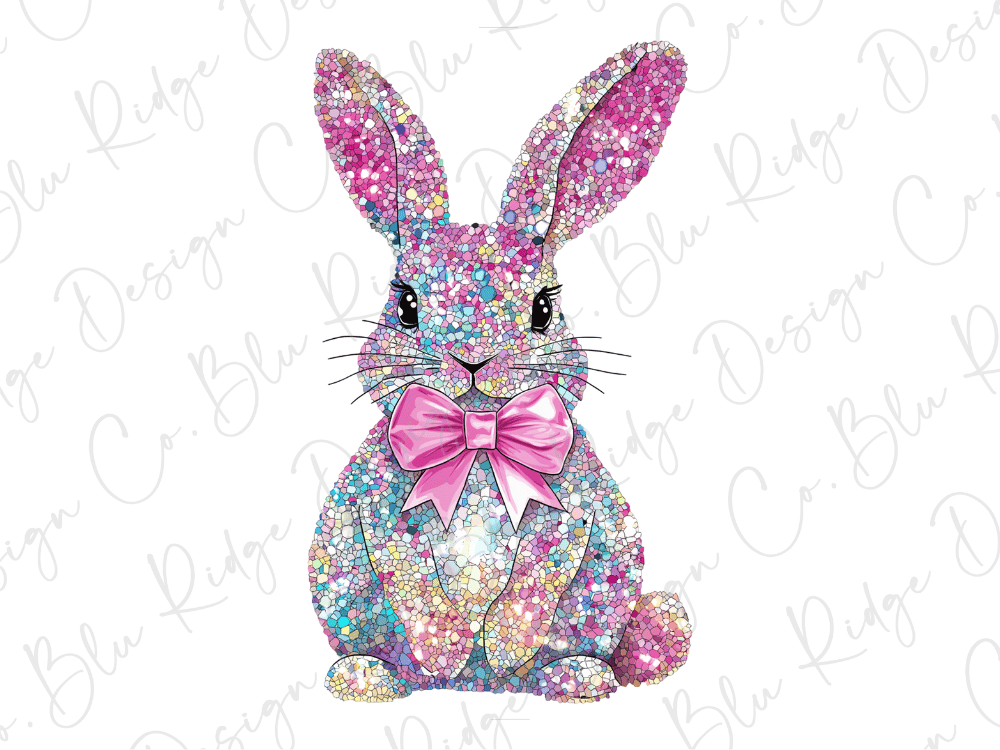 A colorful, glittery bunny wearing a pink bow tie sits against a white background.