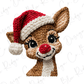 A close-up of a knitted reindeer wearing a red Santa hat and smiling.