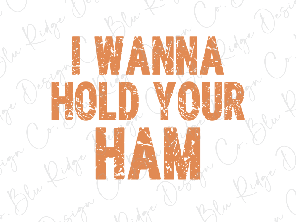 the text "I WANNA HOLD YOUR HAM" in a distressed orange font against a white background.