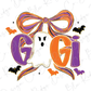 A Halloween-themed graphic design featuring a ghost with a bow, bats, and the name "Gigi" in a stylized font.