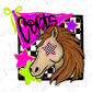 A stylized illustration of a horse with a checkered star on its face, surrounded by colorful stars and a pink banner with the word "Celtics".