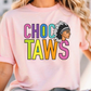 A woman wearing a pink t-shirt with the text "CHOC TAWS" printed on it.