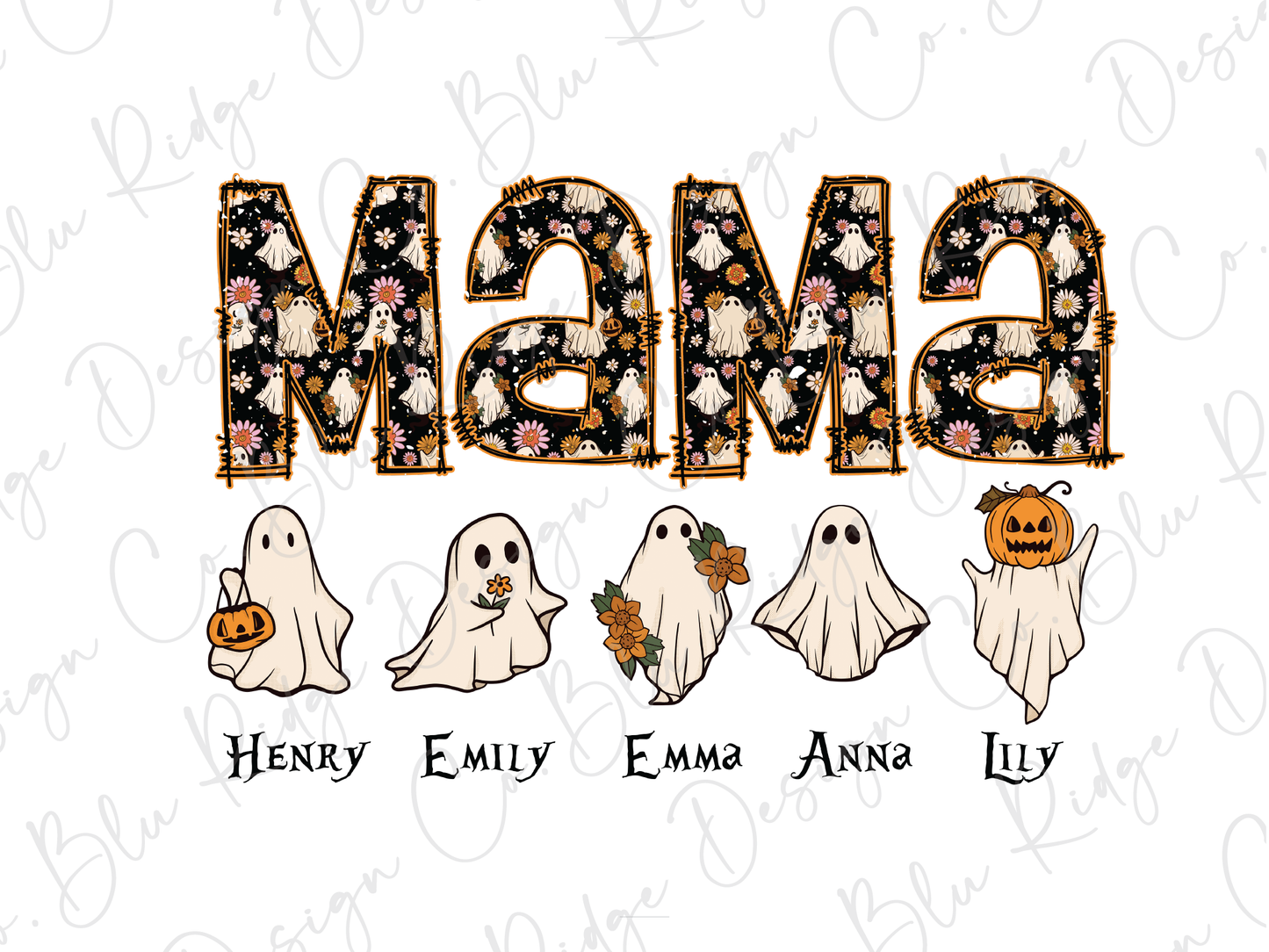 the word mama spelled out with ghost and pumpkins