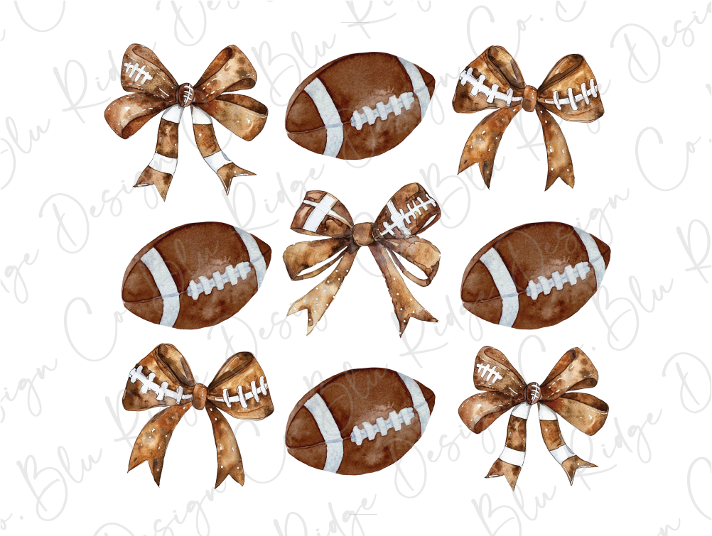 a set of six watercolor footballs with bows