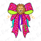 A colorful illustration of a lion's head wearing a large pink bow with a leopard print pattern.