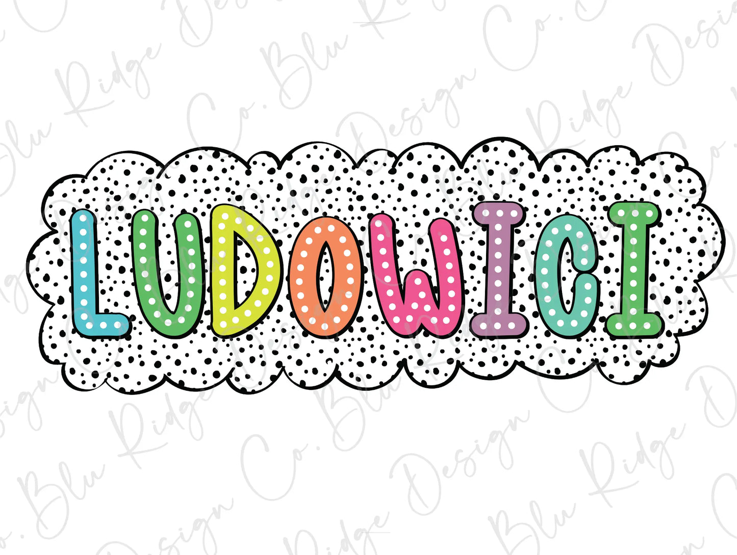 the word ludwool in a cloud with polka dots