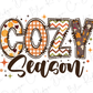 the word cozy season written in brown and orange