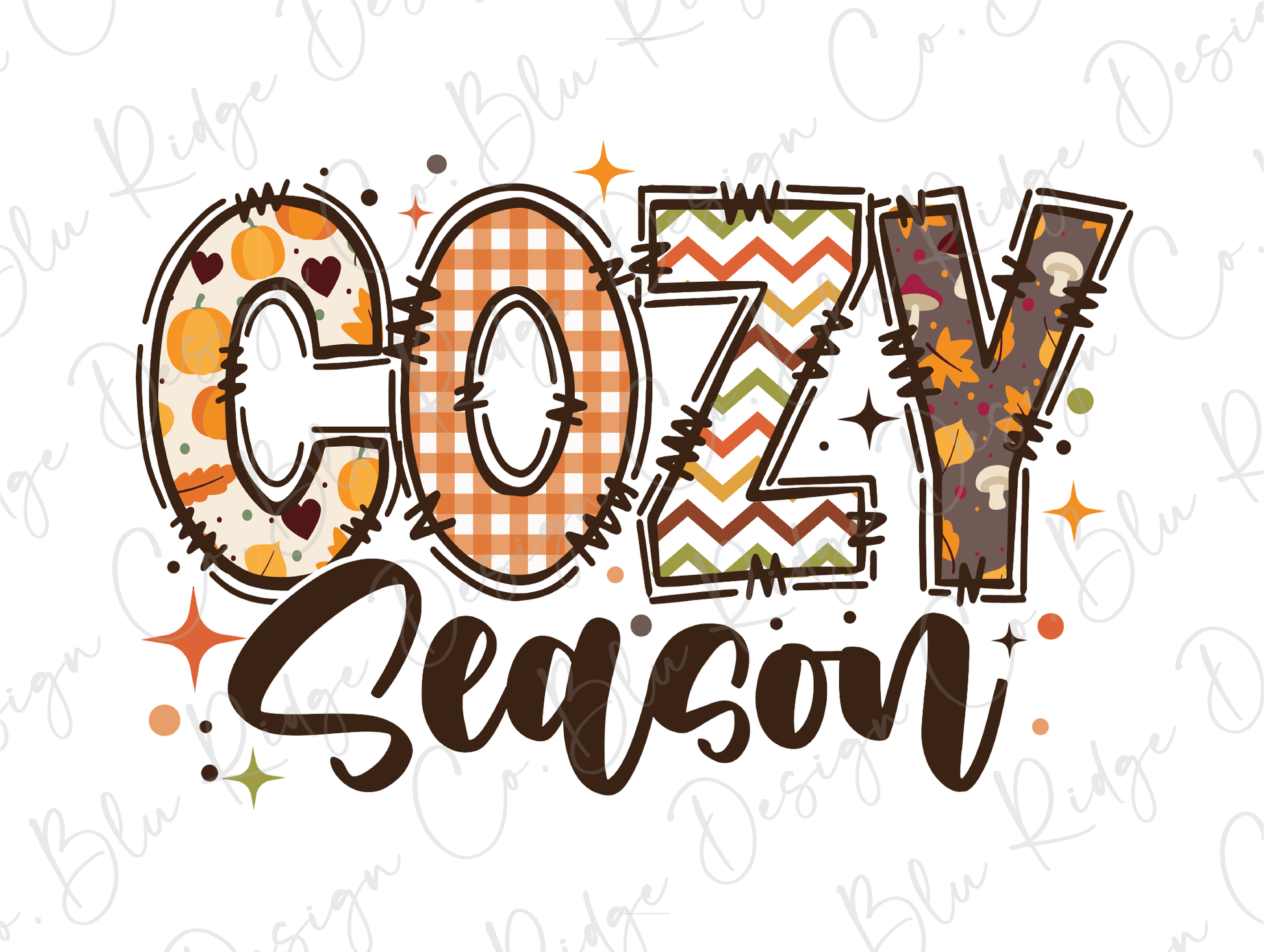 the word cozy season written in brown and orange