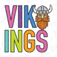 a colorful Viking helmet with horns and a beard, along with the text "VIKINGS" in a playful and stylized font.