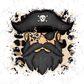 A pirate face with a black hat and a leopard print beard, surrounded by splatter-like elements.