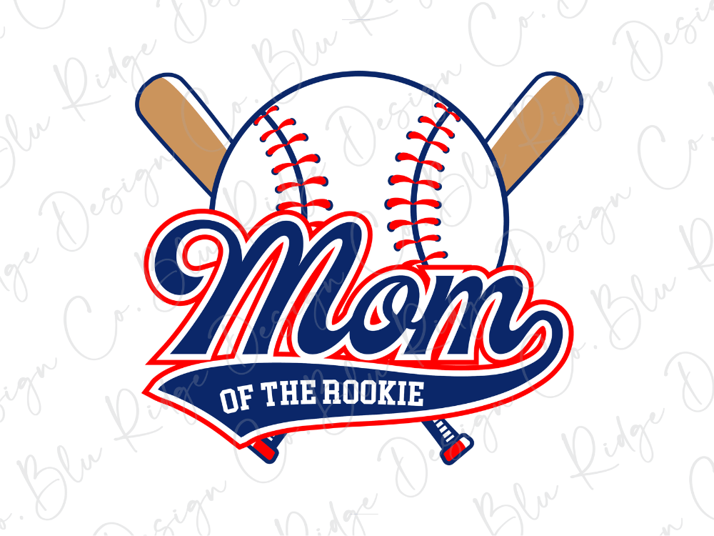 A baseball logo with the text "Mom of the Rookie" and a baseball bat crossed over a baseball.