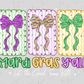 three decorative frames with bows on them, accompanied by the text "Mardi Gras Y'all" and the phrase "Let the Good Times Roll" written below.
