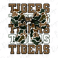 A camouflage bow with the word "TIGERS" written in a bold, capitalized font.