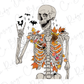 a skeleton with autumn leaves on its chest