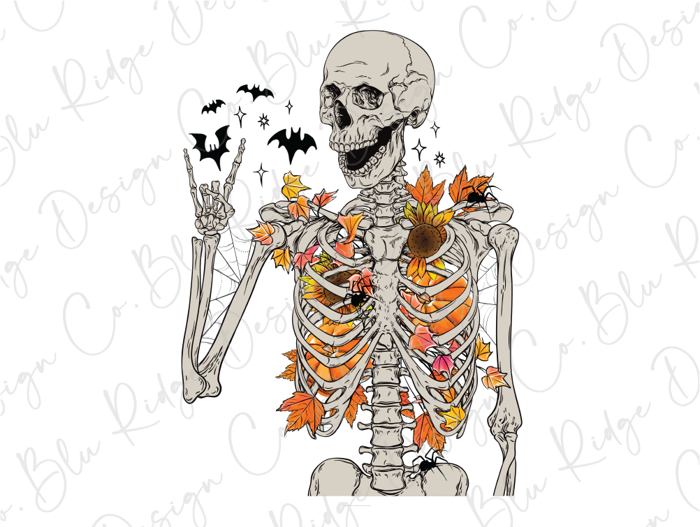 a skeleton with autumn leaves on its chest