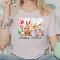 a woman sitting on a couch wearing a happy easter t - shirt