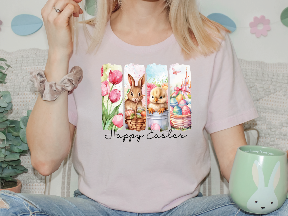 a woman sitting on a couch wearing a happy easter t - shirt