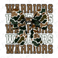 A camouflage bow with the word "WARRIORS" written in a repeating pattern of brown and green letters.