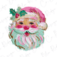 A colorful, hand-painted illustration of Santa Claus with a pink hat and holly leaves.