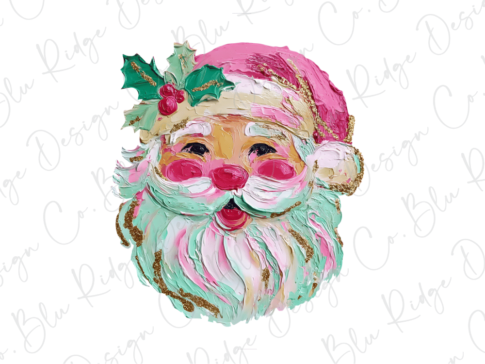 A colorful, hand-painted illustration of Santa Claus with a pink hat and holly leaves.