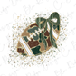 A camouflage football with a green ribbon tied around it, surrounded by scattered gold glitter.
