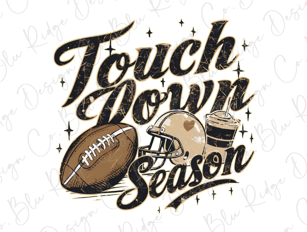 a football and a football helmet with the words touch down season