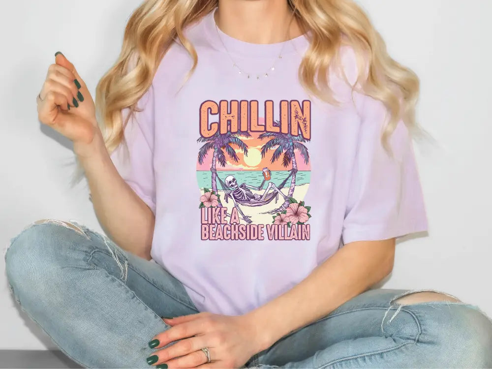 a woman wearing a chillin like a beachside villain t - shirt