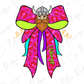 A cartoon illustration of a Viking wearing a helmet and a bow tie with a pattern of red and pink colors.