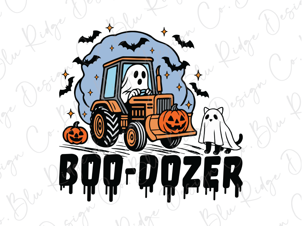 A Halloween-themed illustration featuring a tractor with a ghost driving it, surrounded by bats and pumpkins, with the text "BOO-DOZER" below.