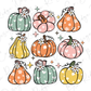 a bunch of pumpkins with bows on them