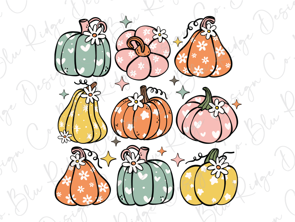 a bunch of pumpkins with bows on them