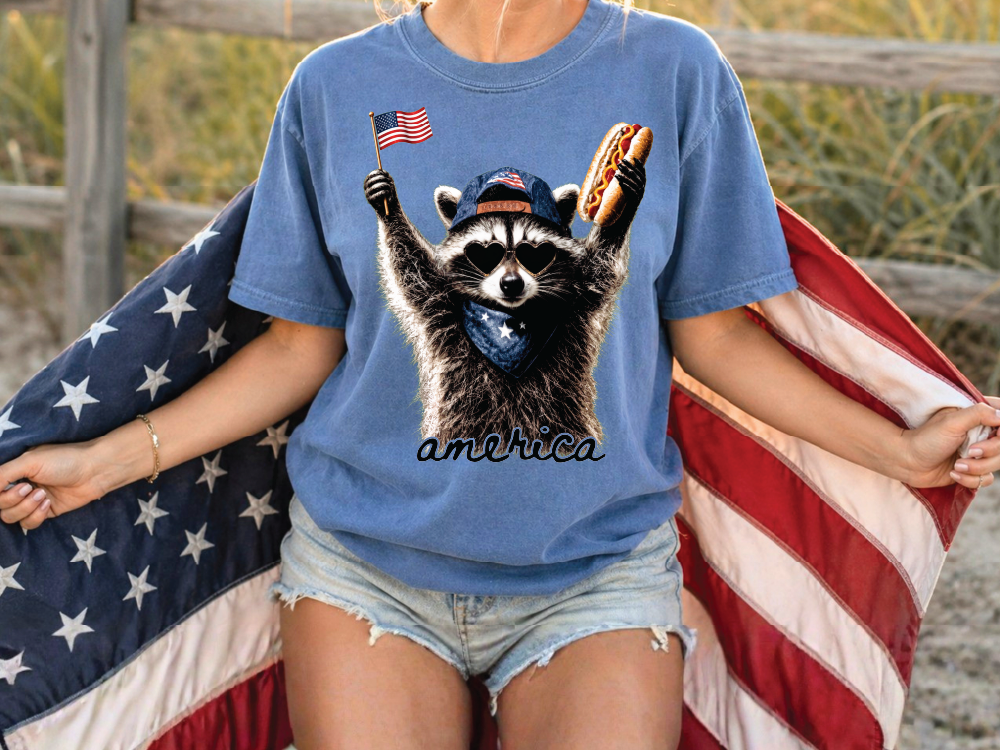 A person wearing a blue t-shirt with a raccoon graphic and holding an American flag.